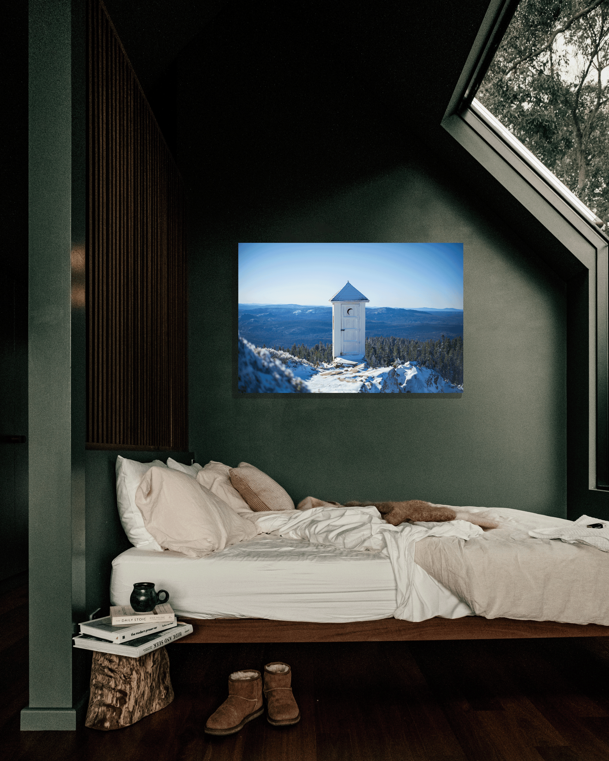 A photograph of a backcountry outhouse hangs above a bed on a green wall.