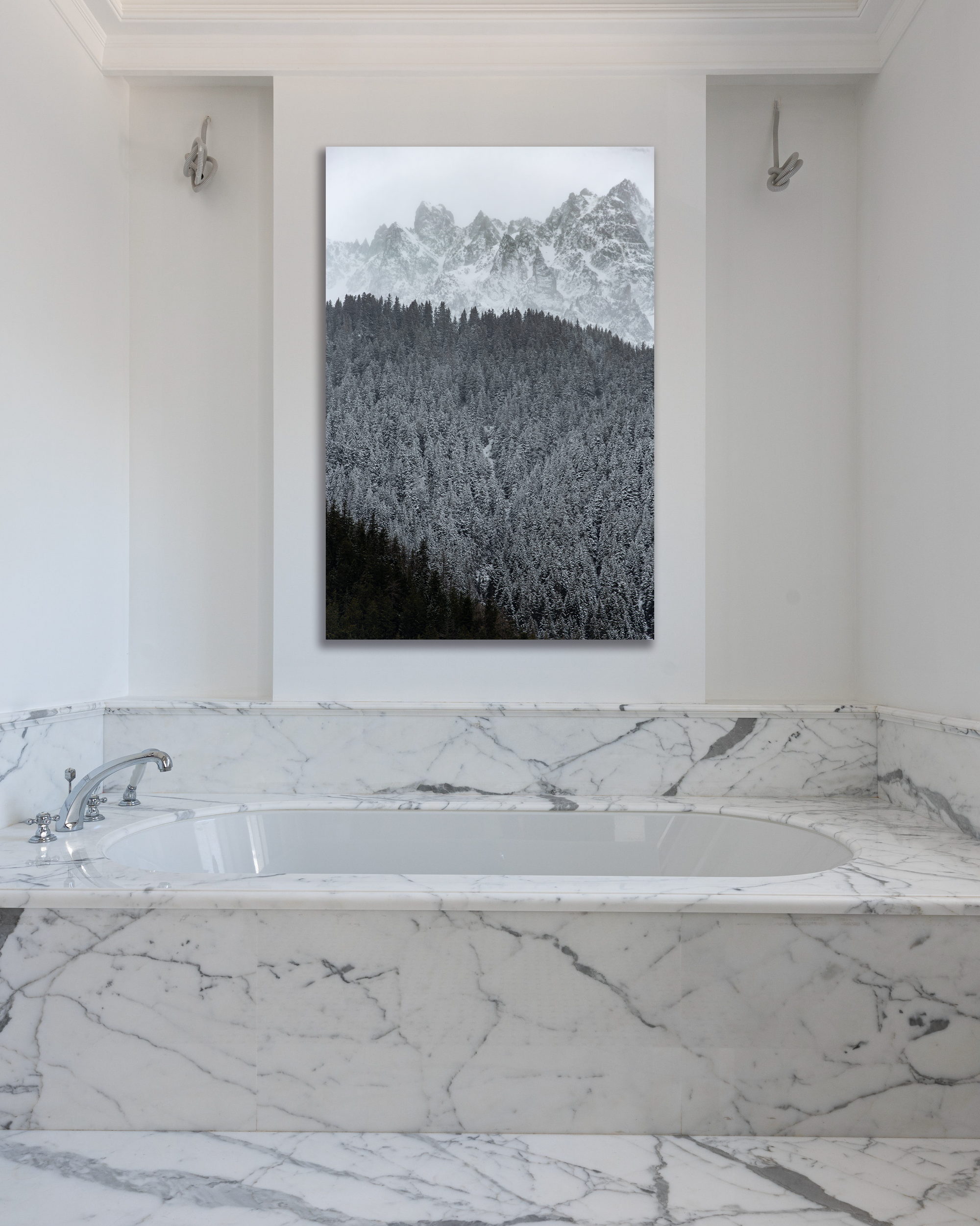 A black and white photograph of jagged mountain peaks and snowcapped pine trees hang above a bathtub.