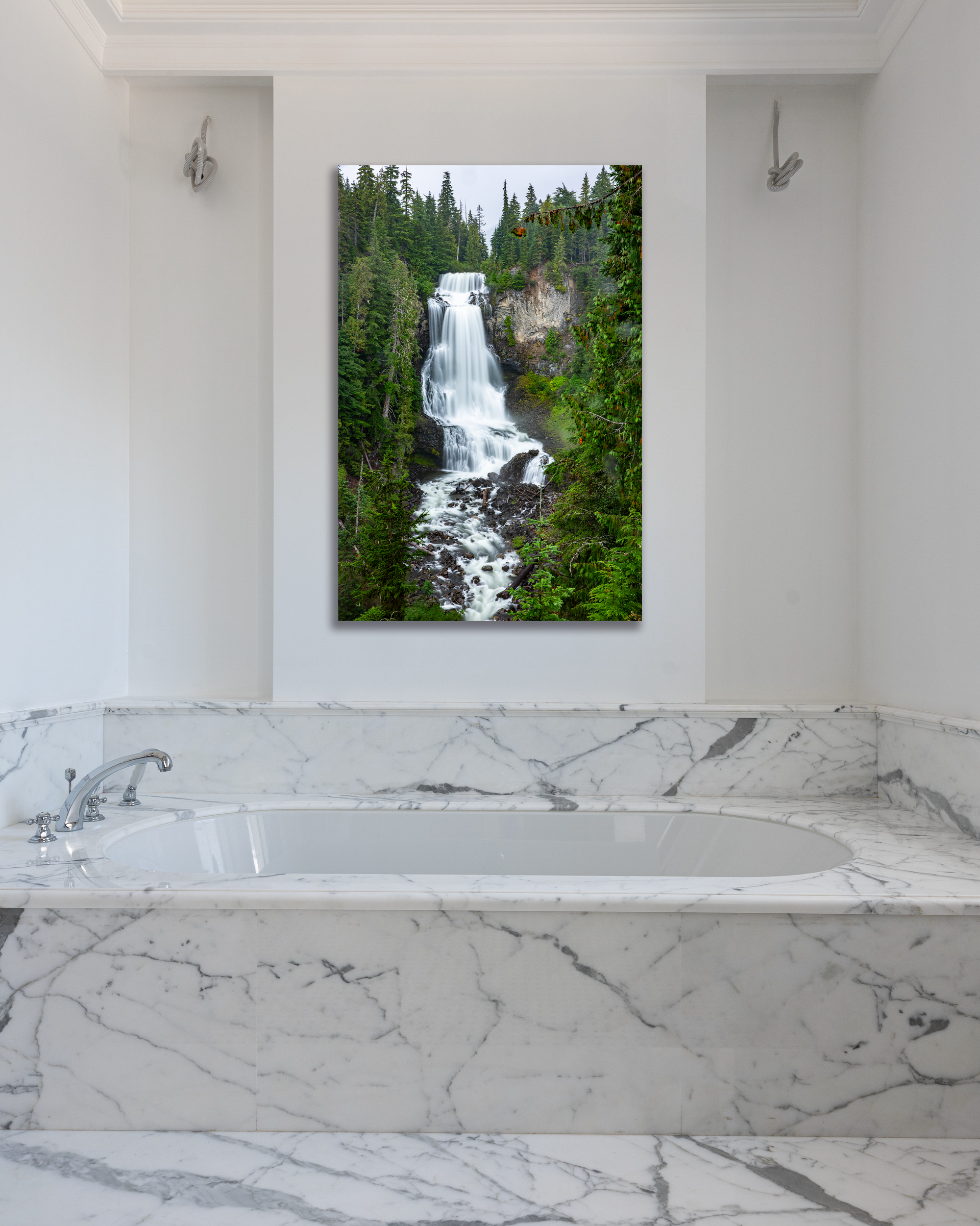 A fine arts photograph of a waterfall hangs on the wall of a bathroom.