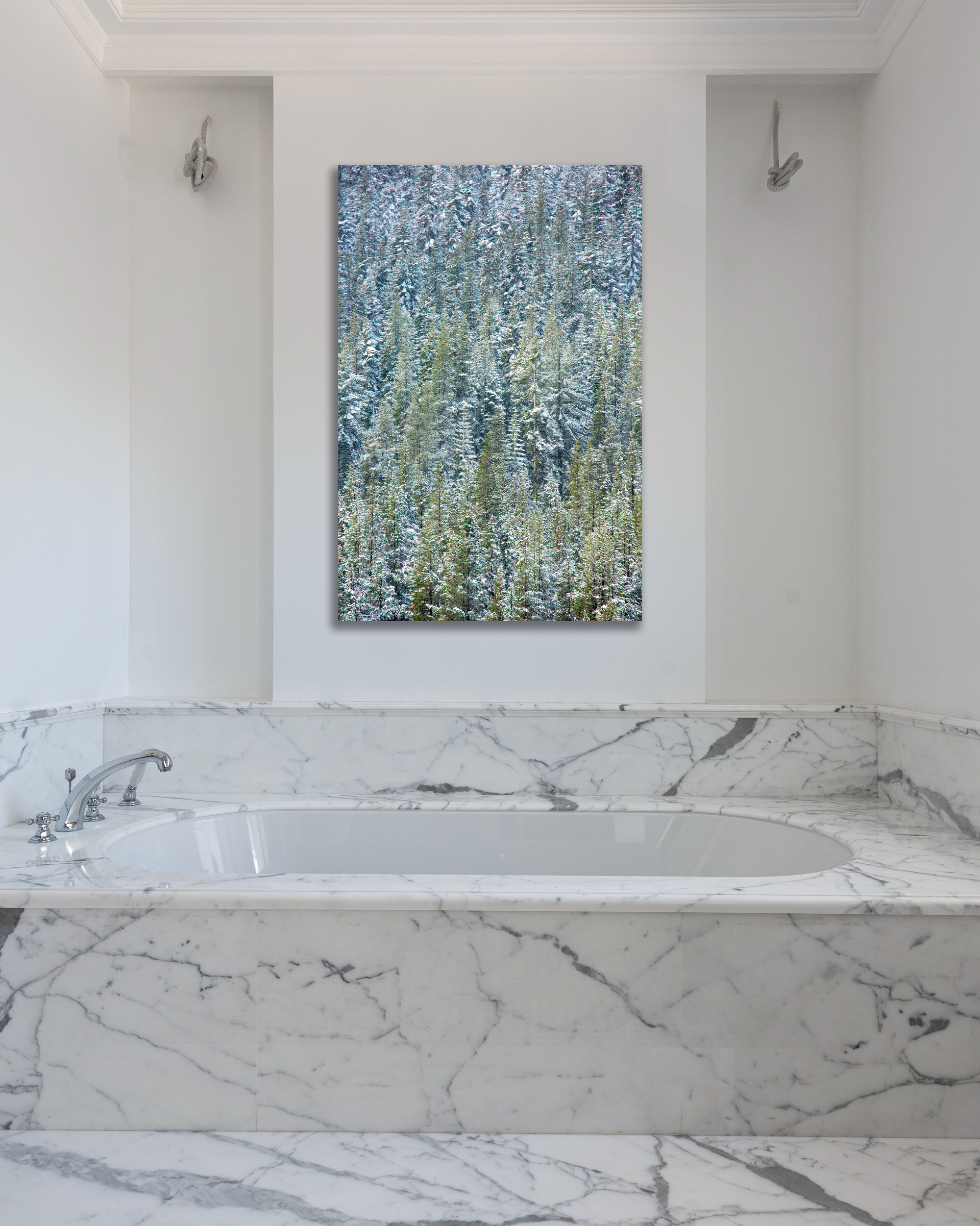 A fine art photo of snowcapped pine trees hang above a bathtub.
