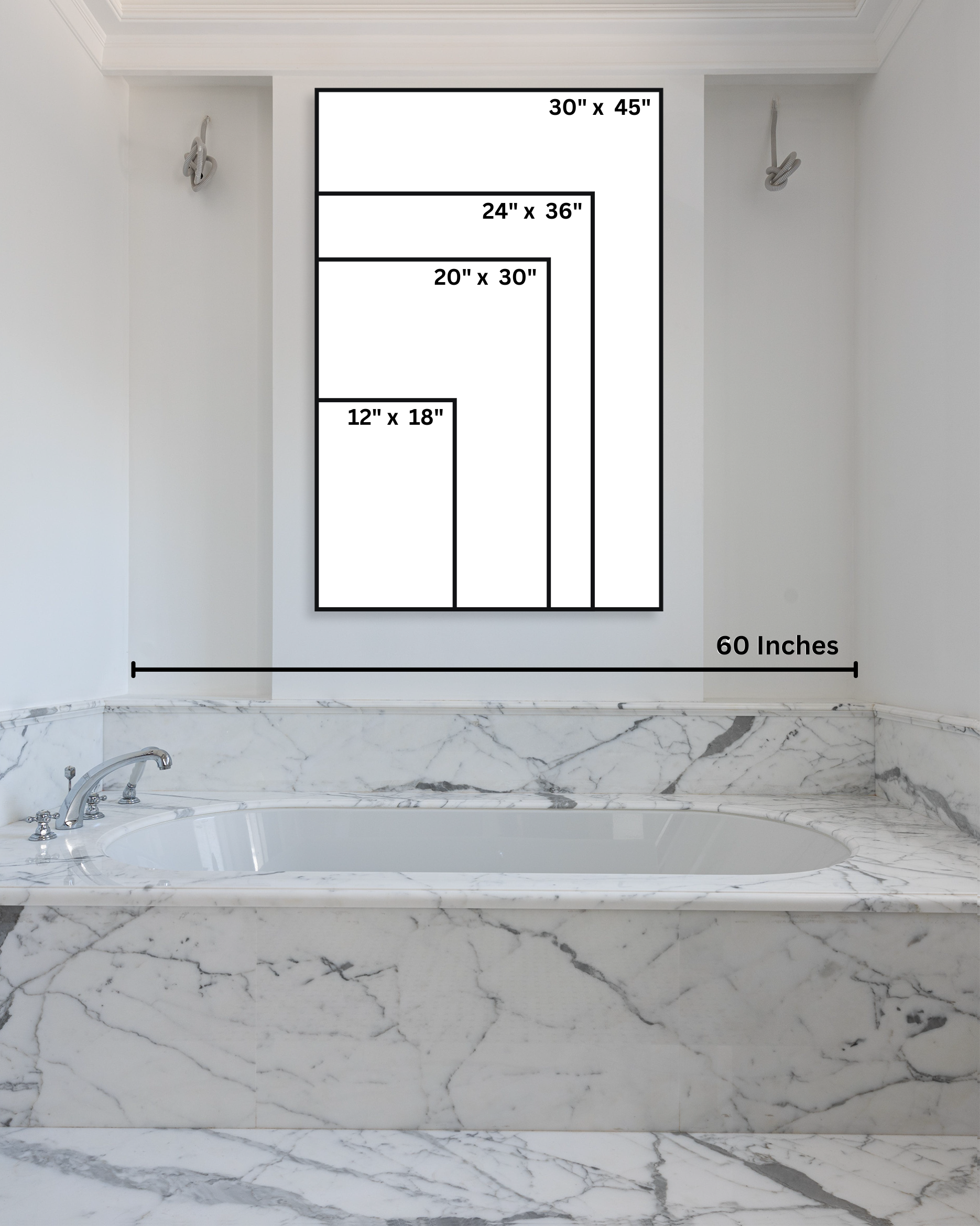 Photo mockup of different sizes to help display what a print would look like hanging on a wall. This is a white bathroom with a tub.