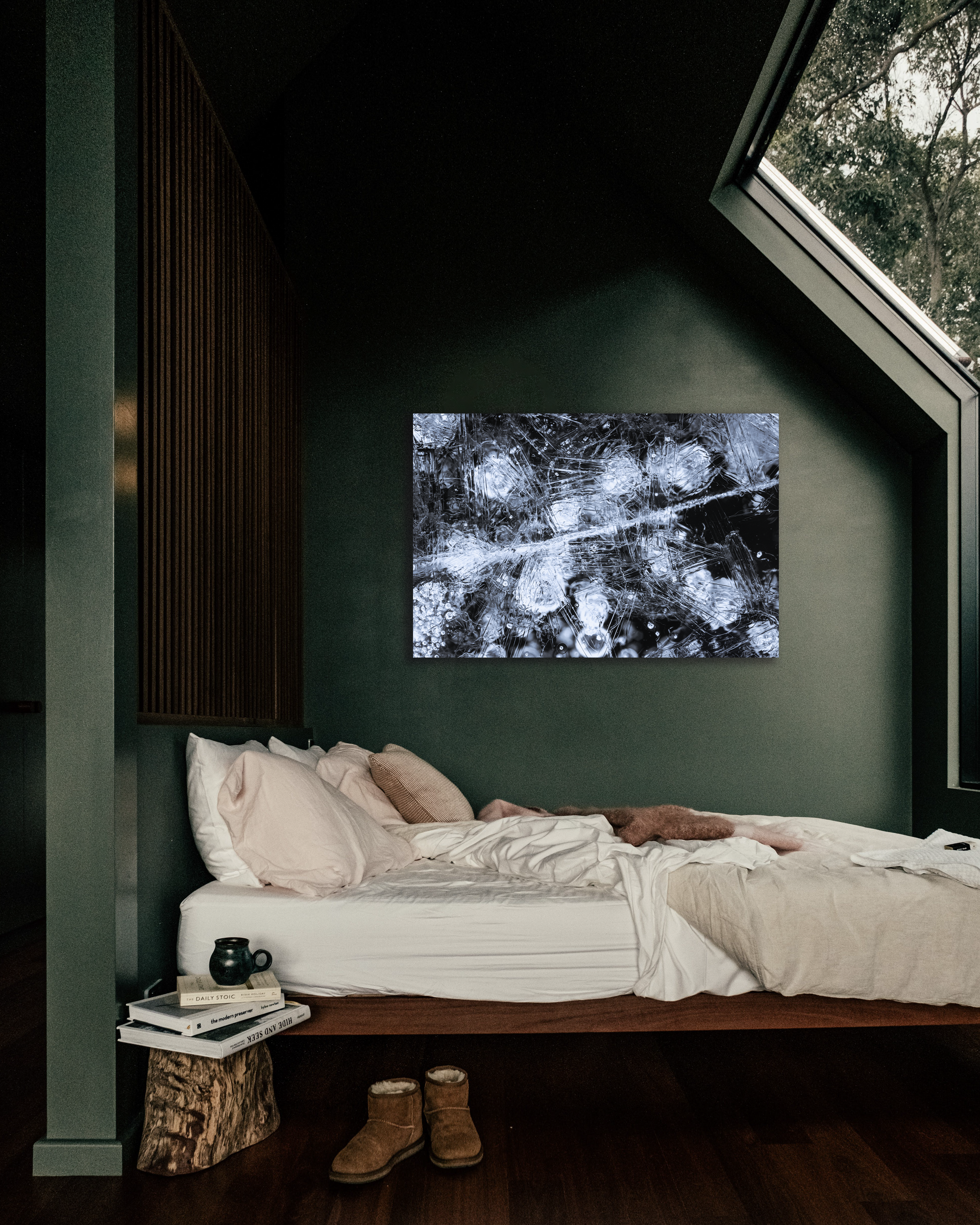 A microscopic image of ice crystals hang on a bedroom wall.