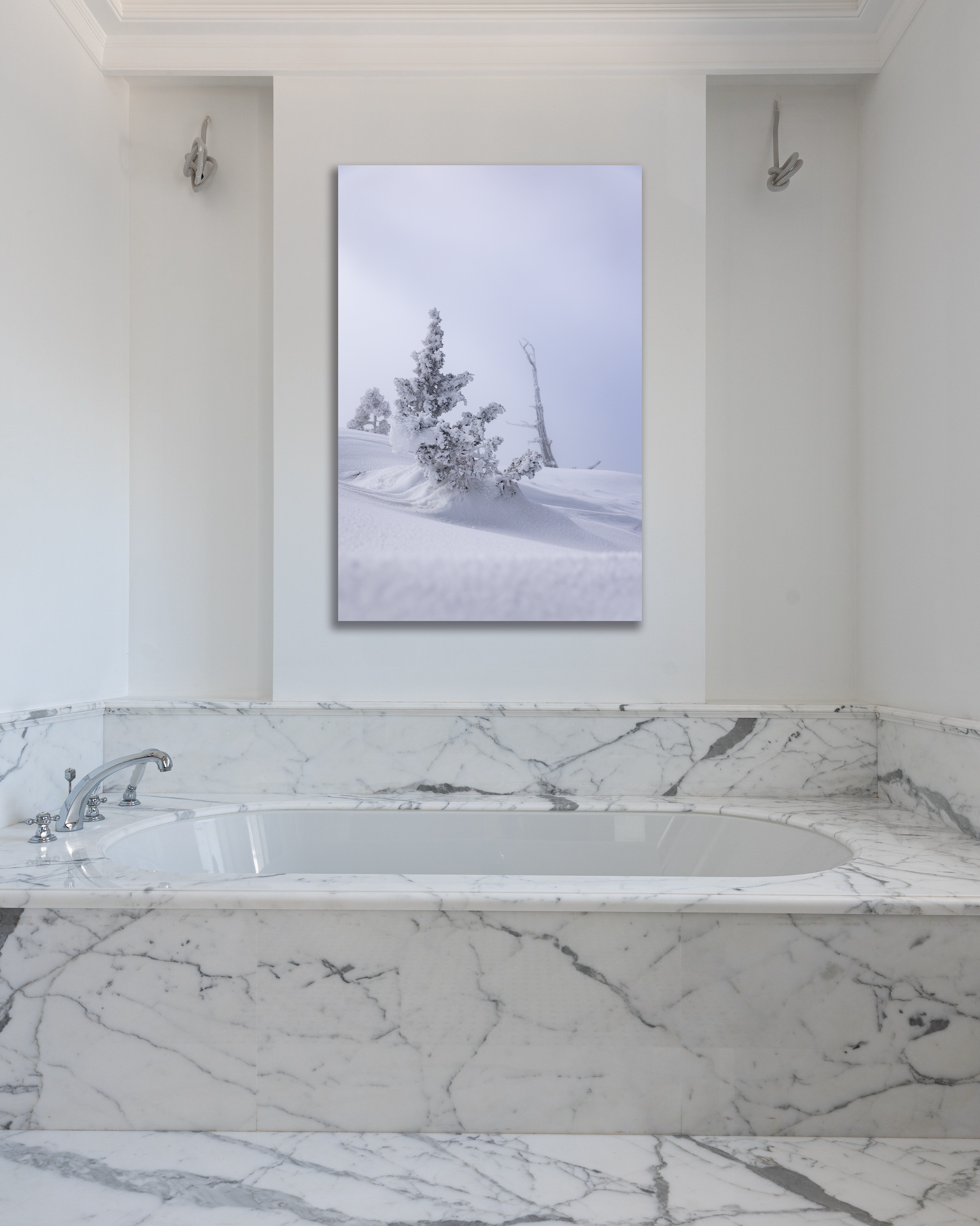 A photograph of windswept snow-laden pine trees hangs above a marbled bathtub.