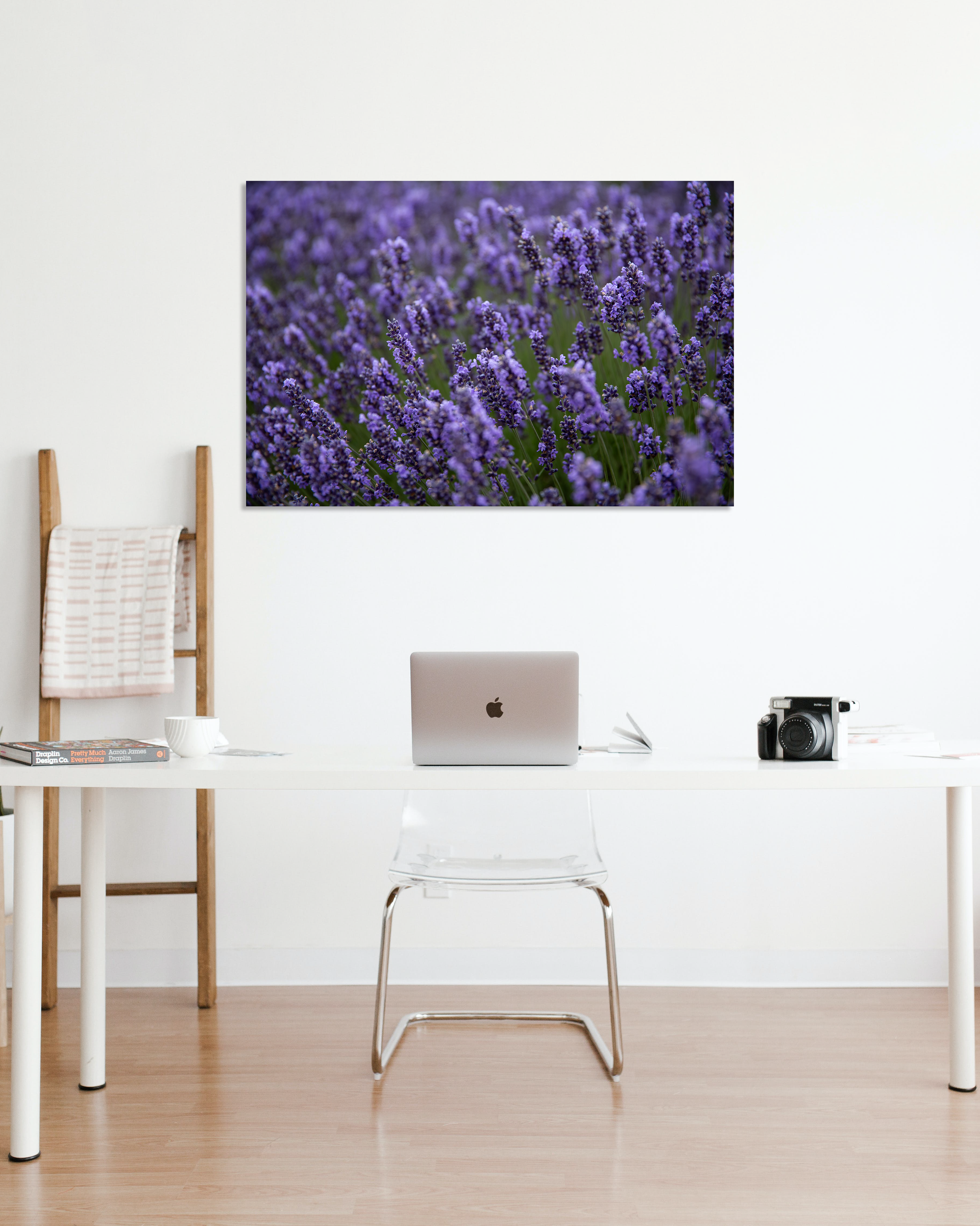 A office is decorated with a fine arts photograph of bright purple Lupines.