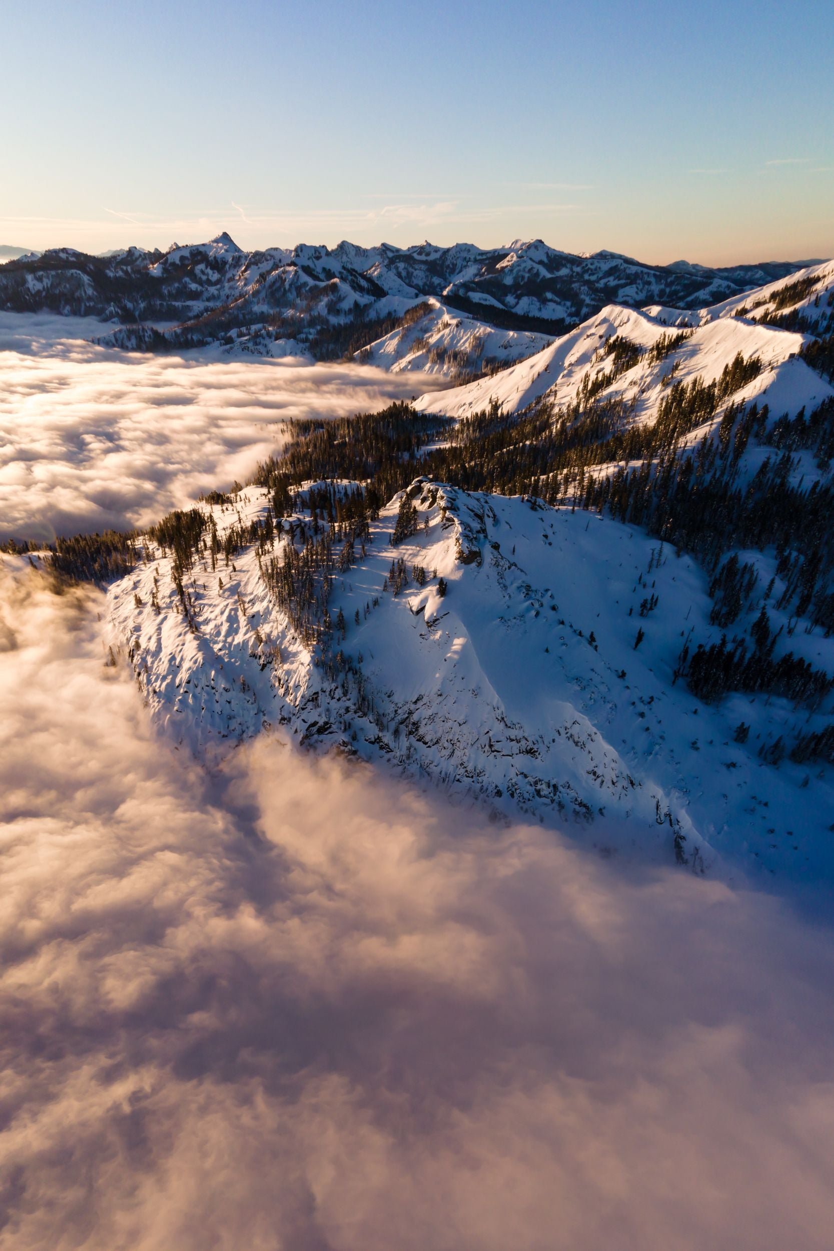 Sunlight sends a golden hue across a snowy mountain side landscape in the Sierra Nevada.