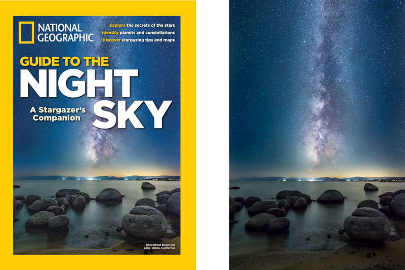 The cover of National Geographic showcasing the Milky Way above Lake Tahoe.