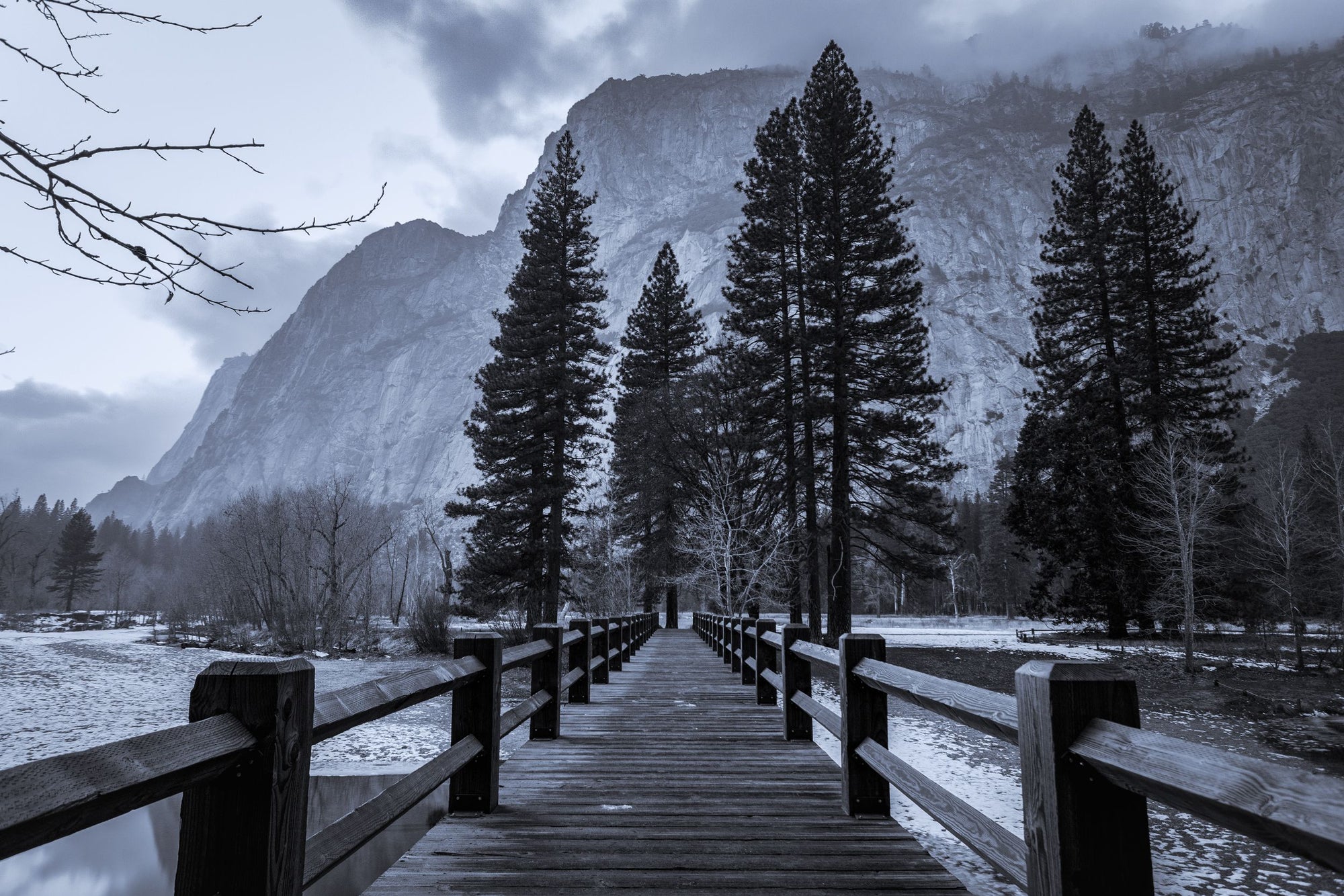 A black and white landscape of a wooden bridge and trees in Yosemite Valley.