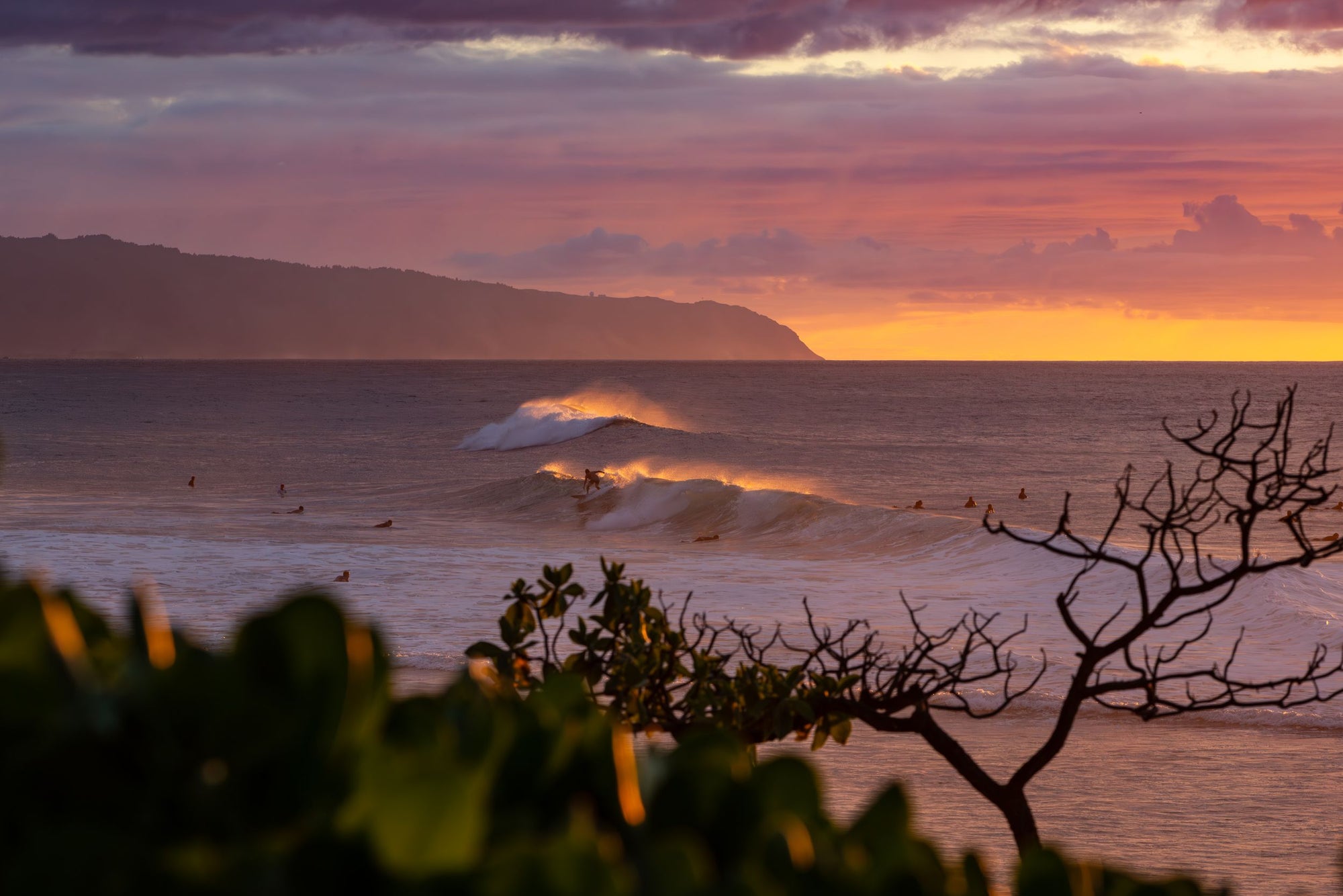 A sunset colored with pinks, oranges and purples highlight surfers on the North Shore of Oahu.