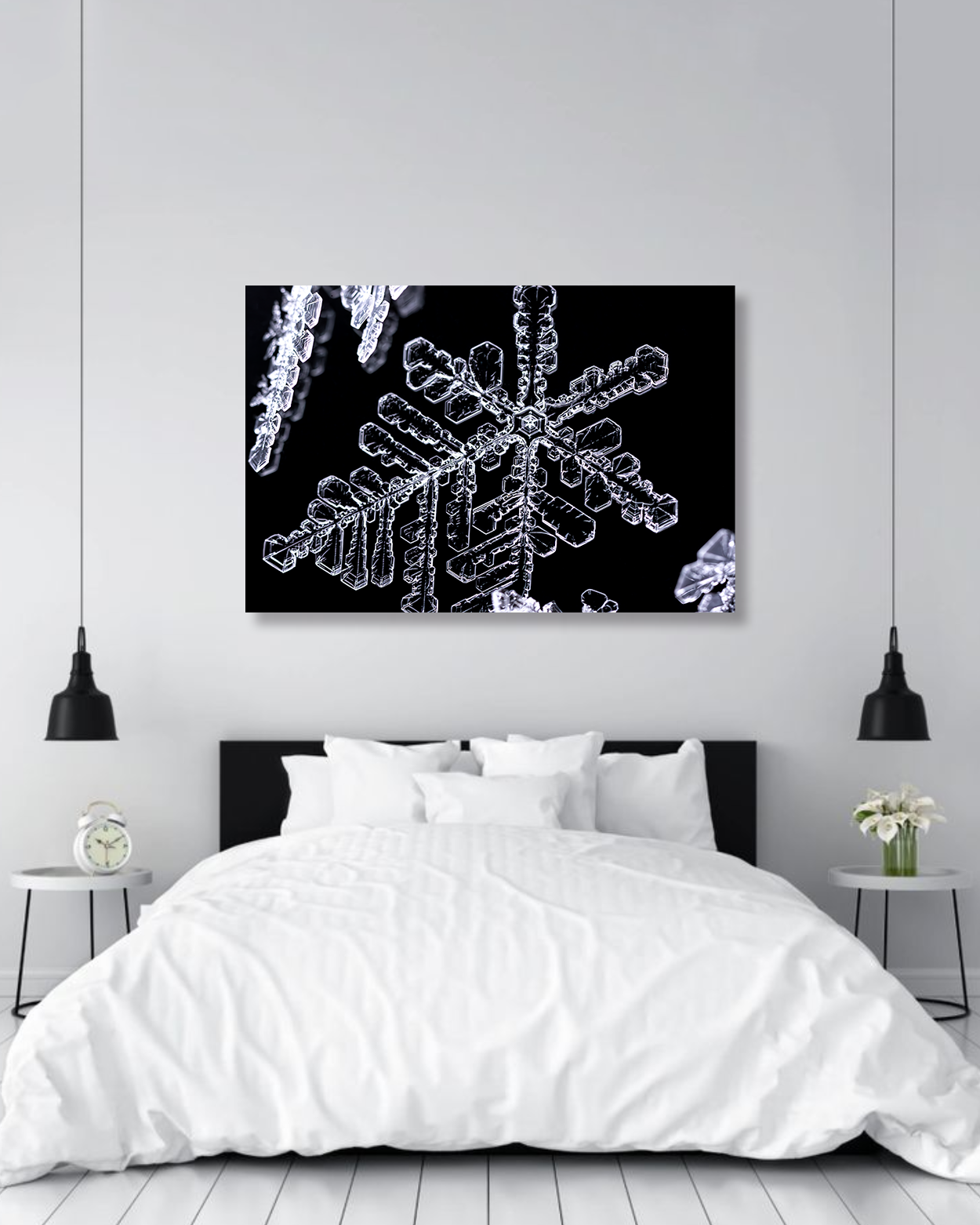 A large image of microscopic snowflakes hangs above a bed.