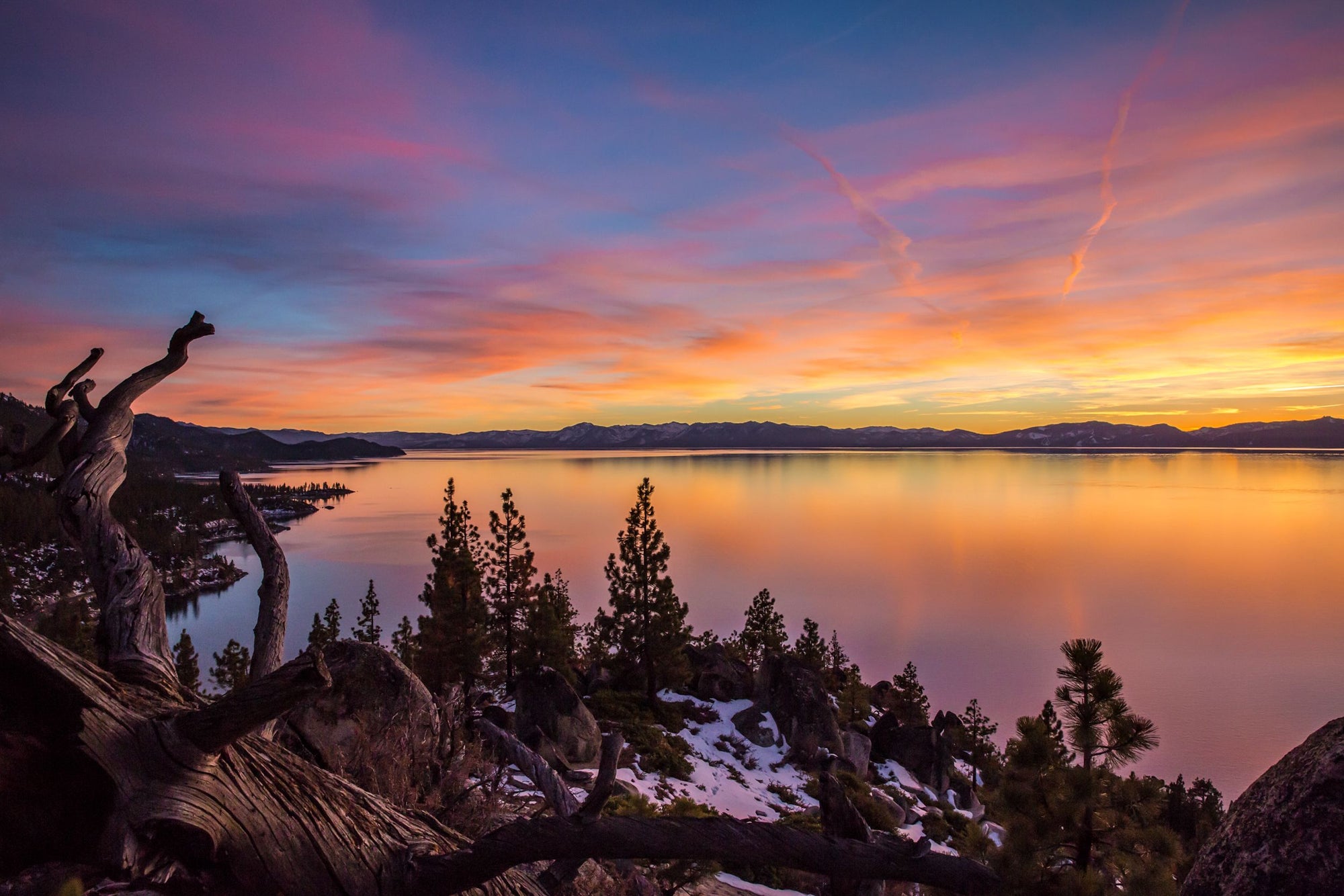 A cotton candy colored sunset above Lake Tahoe.